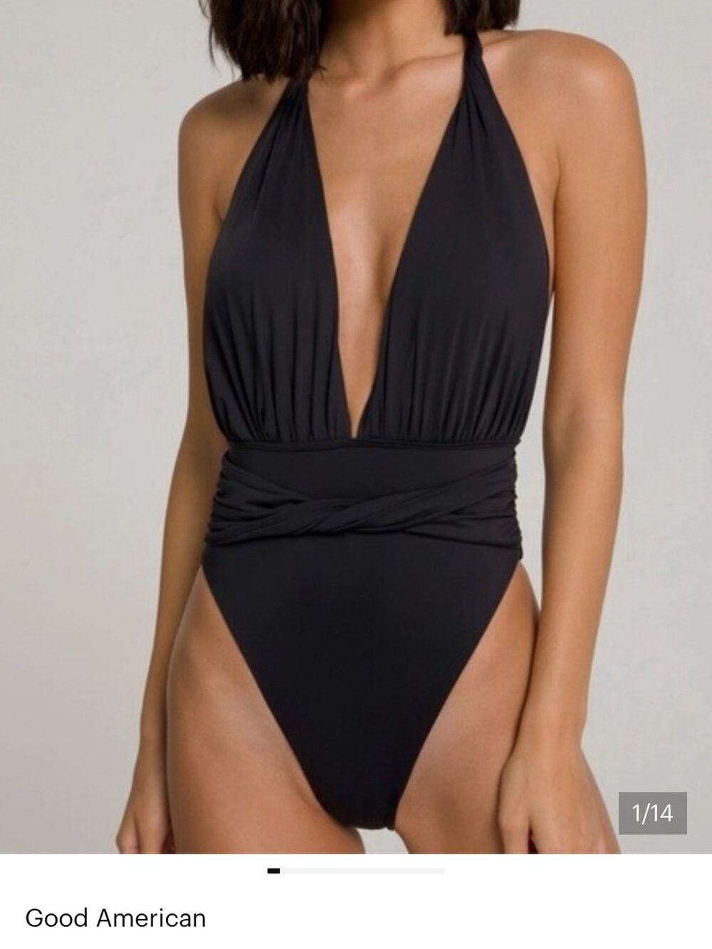 GOOD AMERICAN PLUNGE TWIST ONE PIECE SWIMSUIT BLACK SIZE 2 MEDIUM